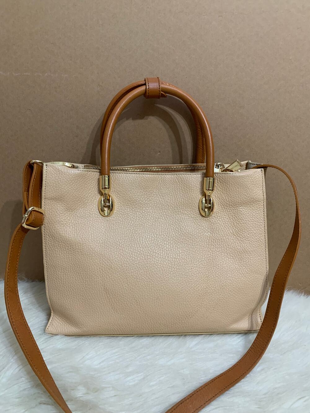 VALENTINA TRADIZIONE Warm Beige Pebbled Leather Carry All Satchel Made in ITALY